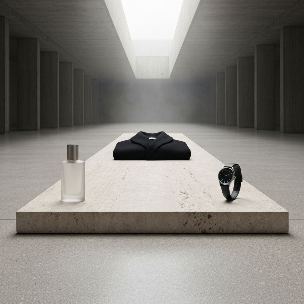 Edition 04 — three objects on stone plinth